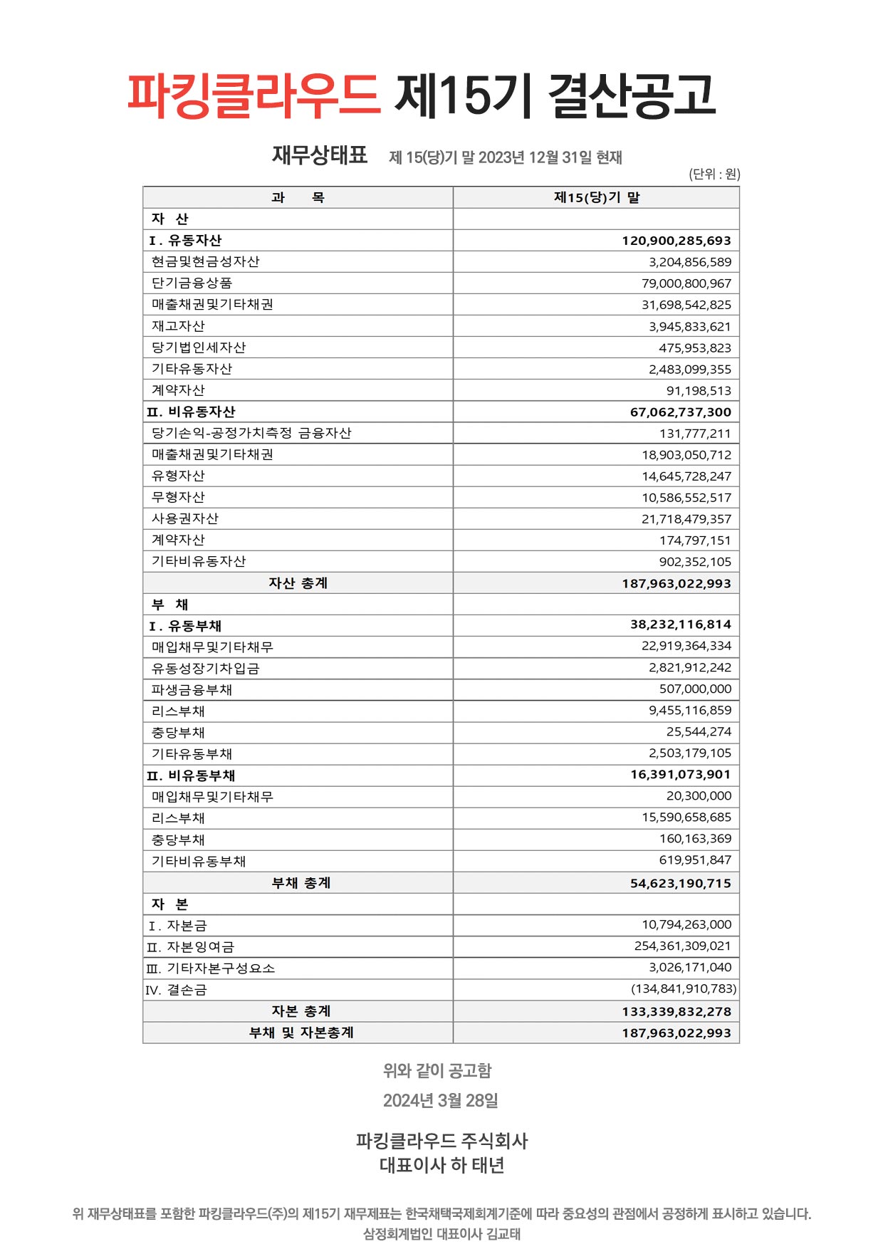 파킹클라우드 제15기 결산공고 썸네일